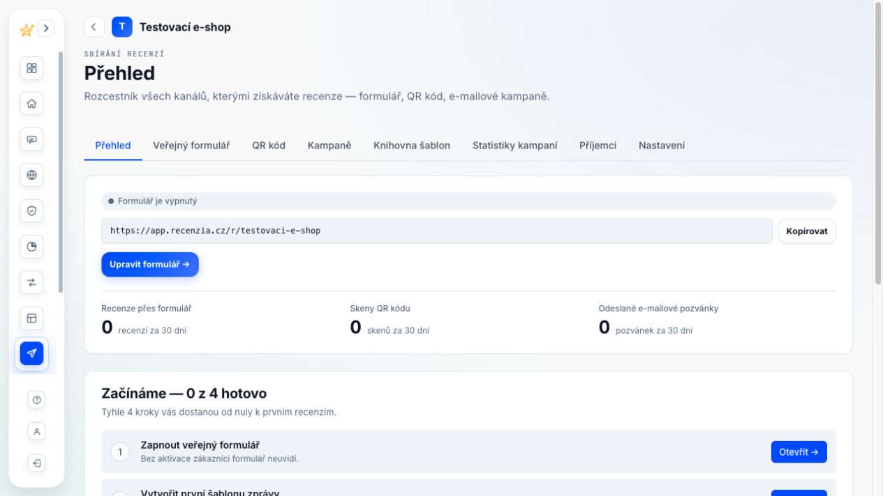 Přehled sbírání recenzí v administraci Recenzia.cz s veřejným formulářem, statistikami a onboarding checklistem.