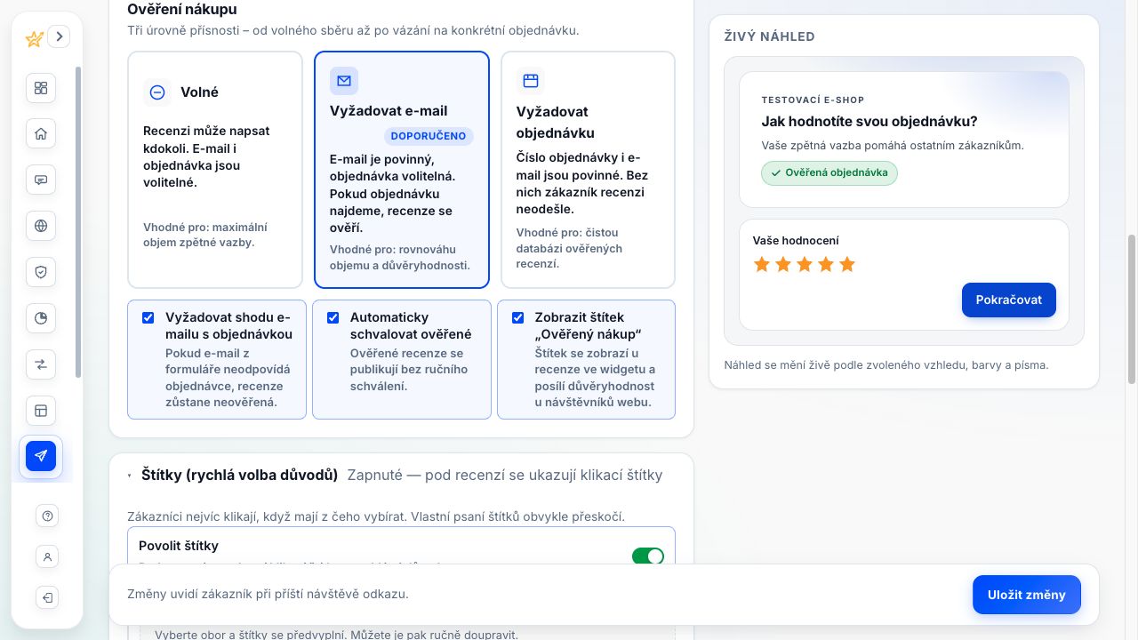 Tři úrovně ověření nákupu v editoru formuláře Recenzia.cz a živý náhled formuláře.