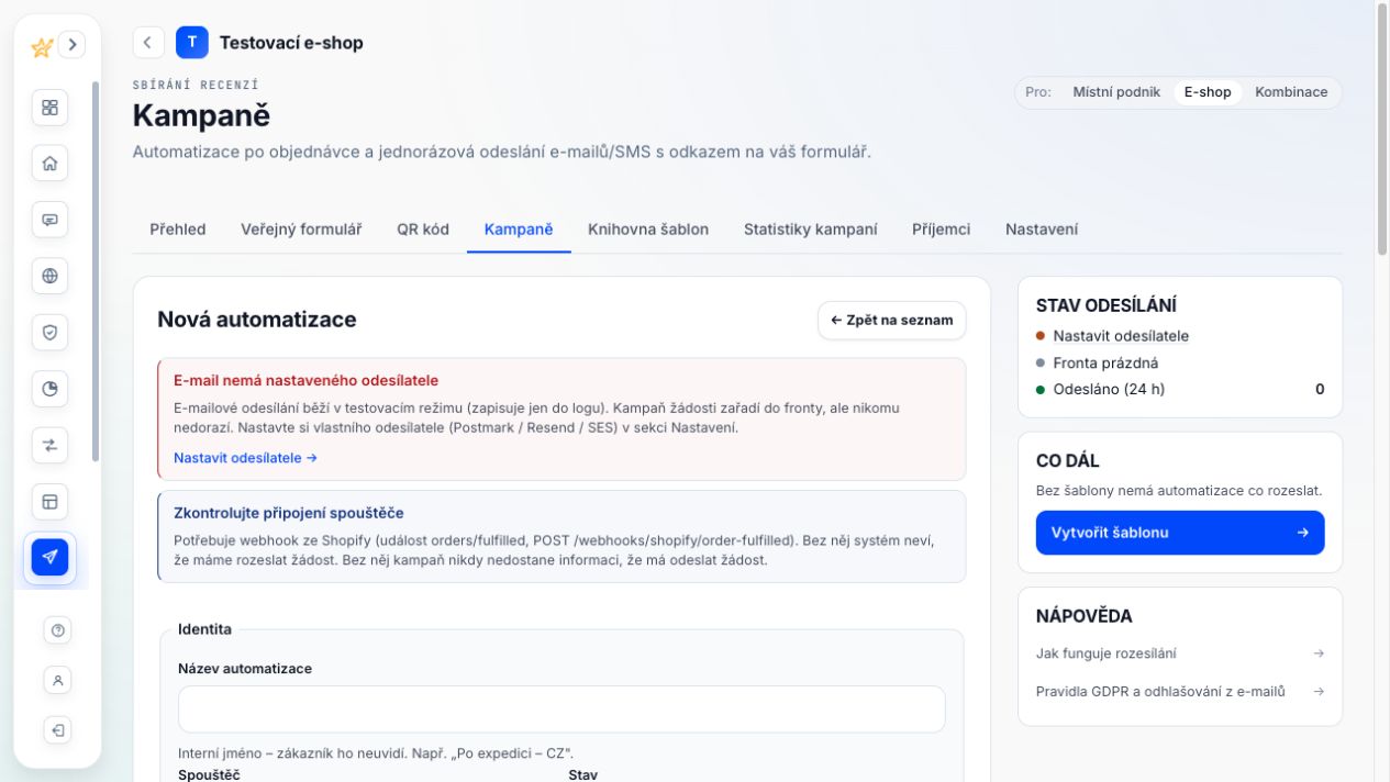 Editor nové automatizace v Recenzia.cz s upozorněním na chybějícího e-mailového odesílatele, trigger a šablonu.